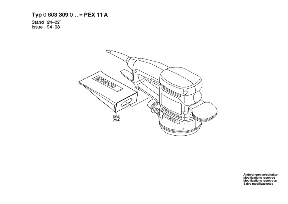 Section 2 Diagram and Parts List for PEX11A 0603309032 Bosch Orbital or Palm Sander