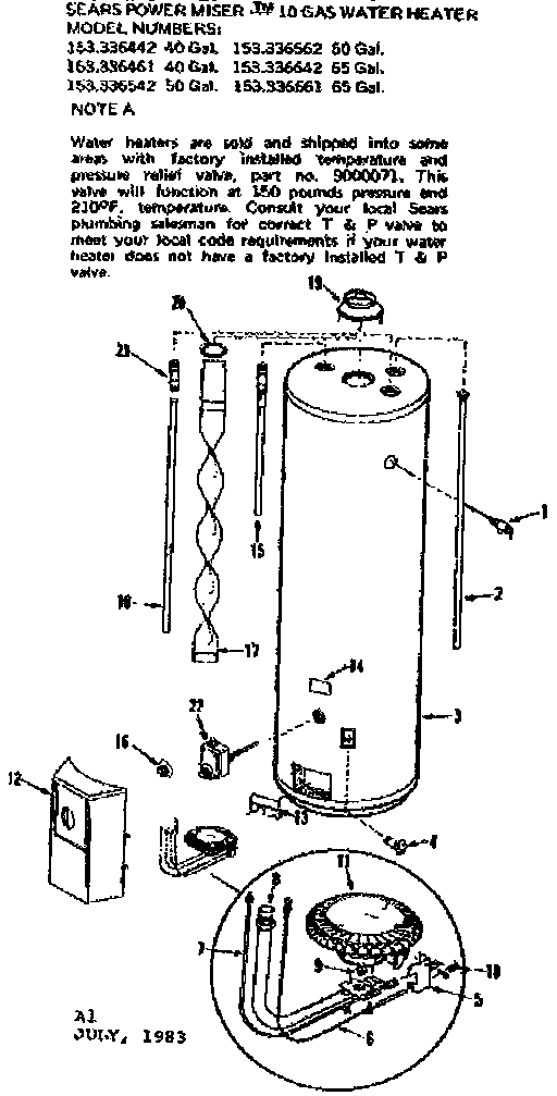 Replacement Parts Diagram and Parts List for 153336661  Kenmore Water Heater