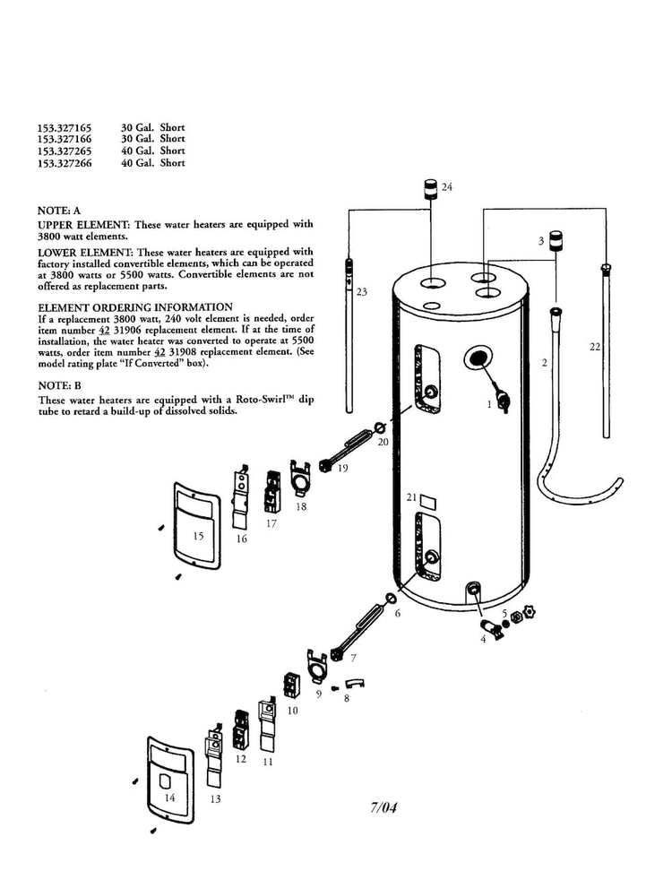 Electric Water Heater Diagram and Parts List for 153327265  Kenmore Water Heater