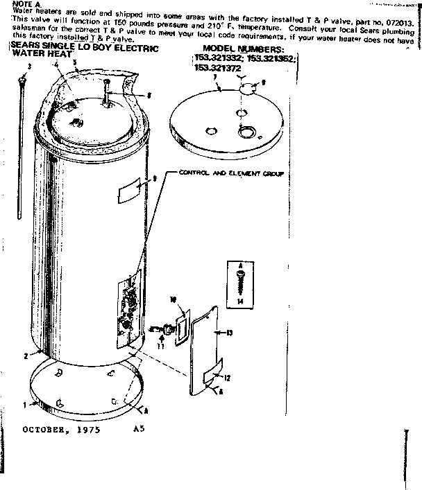 Non-functional Replacement Parts Diagram and Parts List for 153321352  Kenmore Water Heater