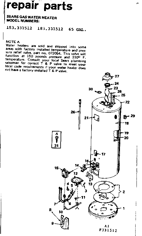 Replacement Parts Diagram and Parts List for 153331512  Kenmore Water Heater