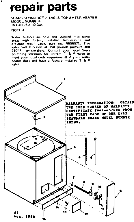 2 Tabel Top Water Heater Diagram and Parts List for 153311740  Kenmore Water Heater