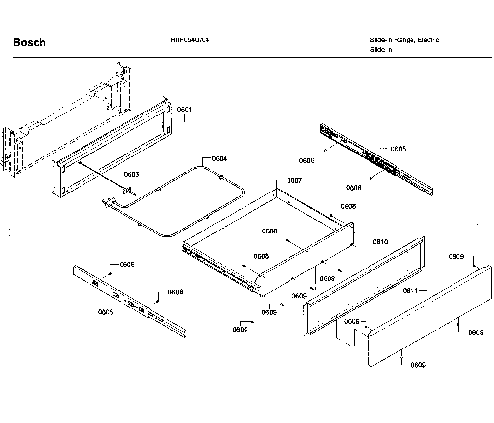 Drawer Diagram and Parts List for HIIP054U 04 Bosch Range