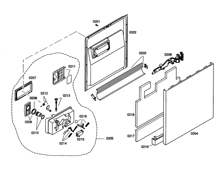 Door/dispenser Diagram and Parts List for SHE43C02UC 47 Bosch Dishwasher