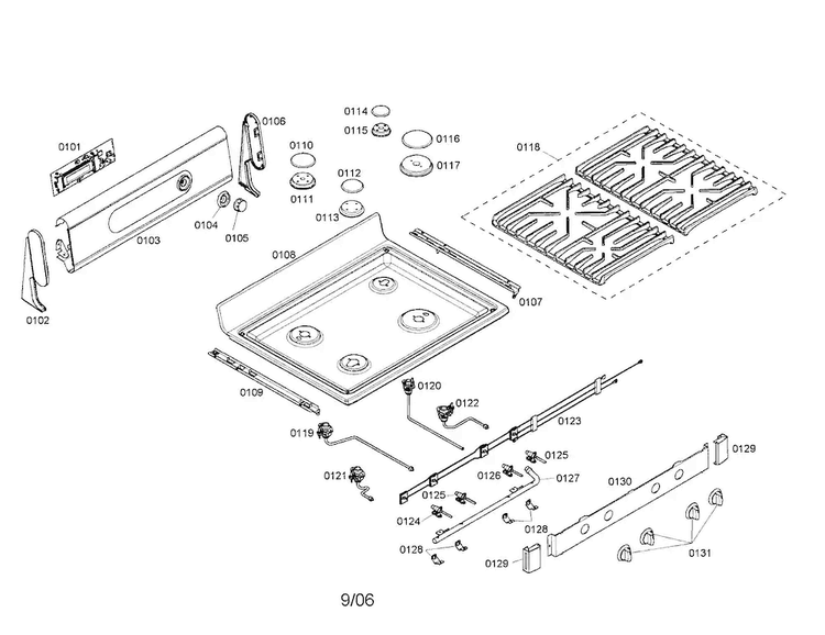 Cooktop Diagram and Parts List for HGS5052UC 01 Bosch Range