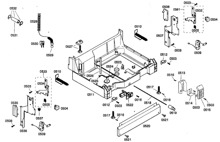 Base Assy Diagram and Parts List for SHE44C07UC 22 Bosch Dishwasher