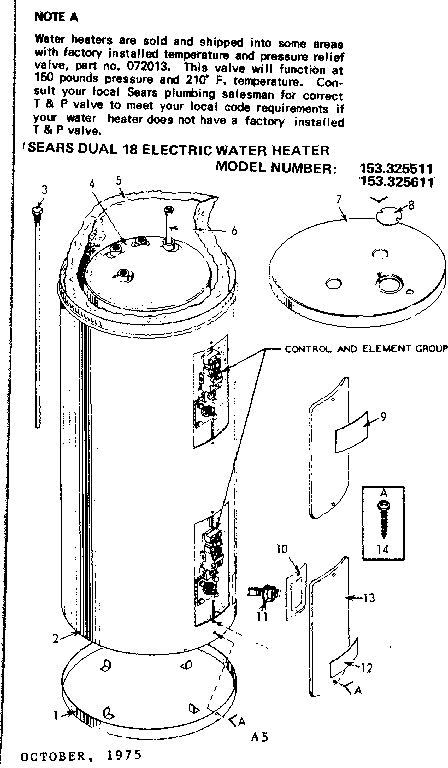 Non-functional Replacement Parts Diagram and Parts List for 153325511  Kenmore Water Heater