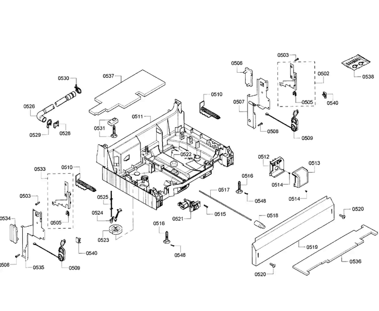 Base Assy Diagram and Parts List for SHE43F15UC 64 Bosch Dishwasher