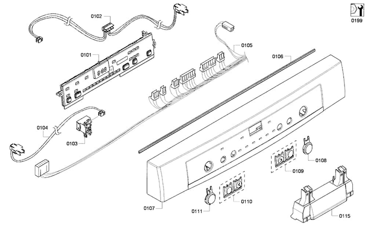 Front Panel Diagram and Parts List for SHE6AP02UC 02 Bosch Dishwasher