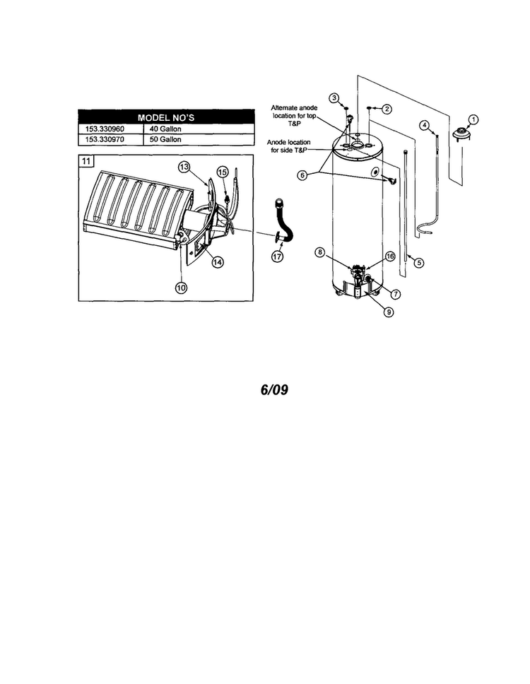 Water Heater-40 Gallon Diagram and Parts List for 153330960  Kenmore Water Heater
