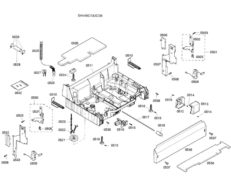 Base Assy Diagram and Parts List for SHV46C13UC 36 Bosch Dishwasher