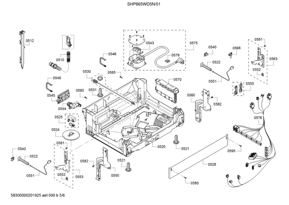 Base/Main Harness/Power Cord Diagram and Parts List for SHP865WD5N 01 Bosch Dishwasher