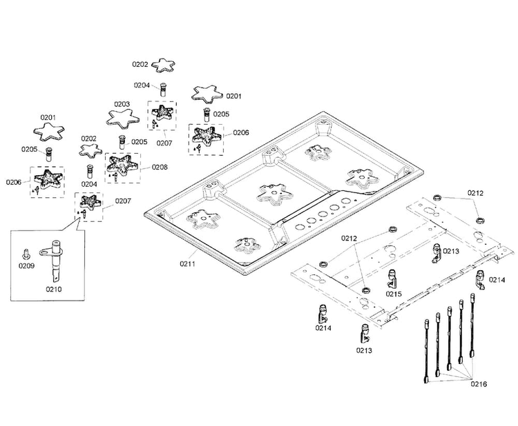 Burners Diagram and Parts List for SGS365FS 01 Thermador Cooktop