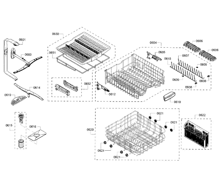 Baskets Diagram and Parts List for SHP65T52UC 07 Bosch Dishwasher