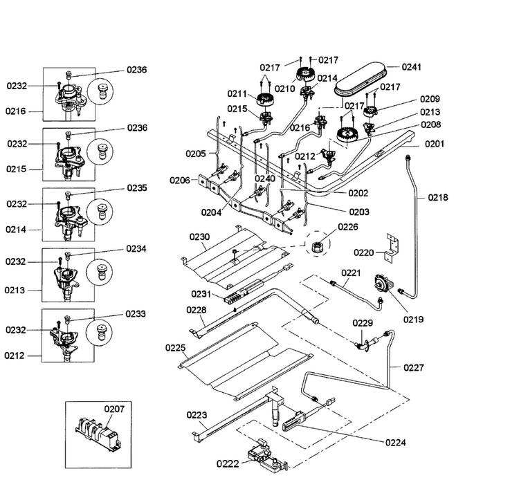 Burners Assy Diagram and Parts List for HGS5053UC 04 Bosch Range