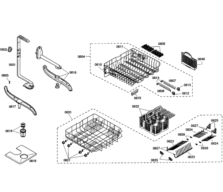 Baskets Diagram and Parts List for SHE55C05UC 53 Bosch Dishwasher