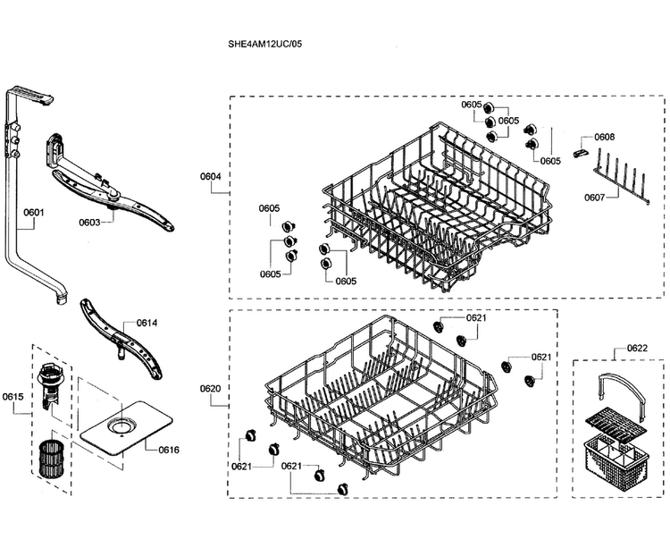 Baskets Diagram and Parts List for SHE4AM12UC 05 Bosch Dishwasher