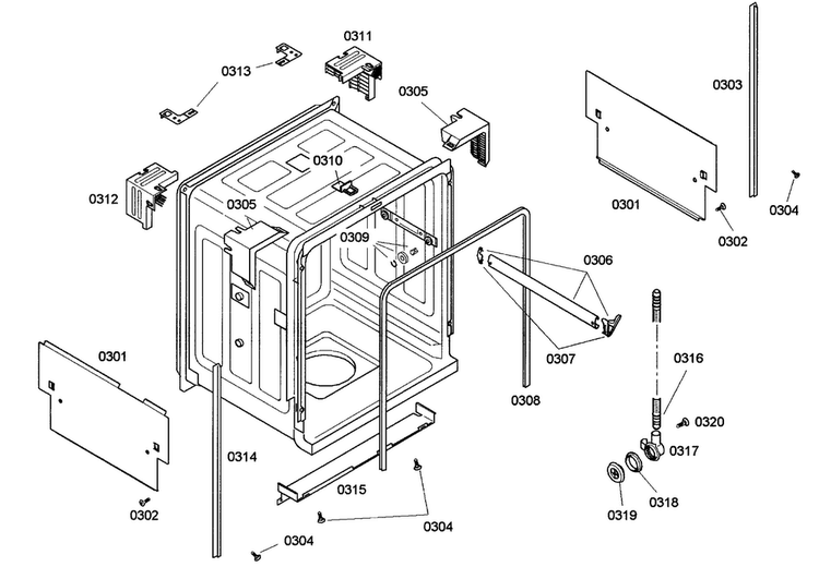 Cabinet Diagram and Parts List for SHE43C02UC 37 Bosch Dishwasher
