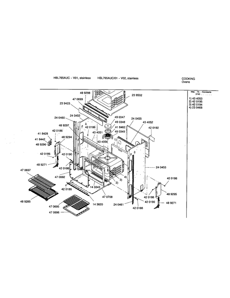 Lower Body Diagram and Parts List for HBL765AUC 01 Bosch Wall Oven