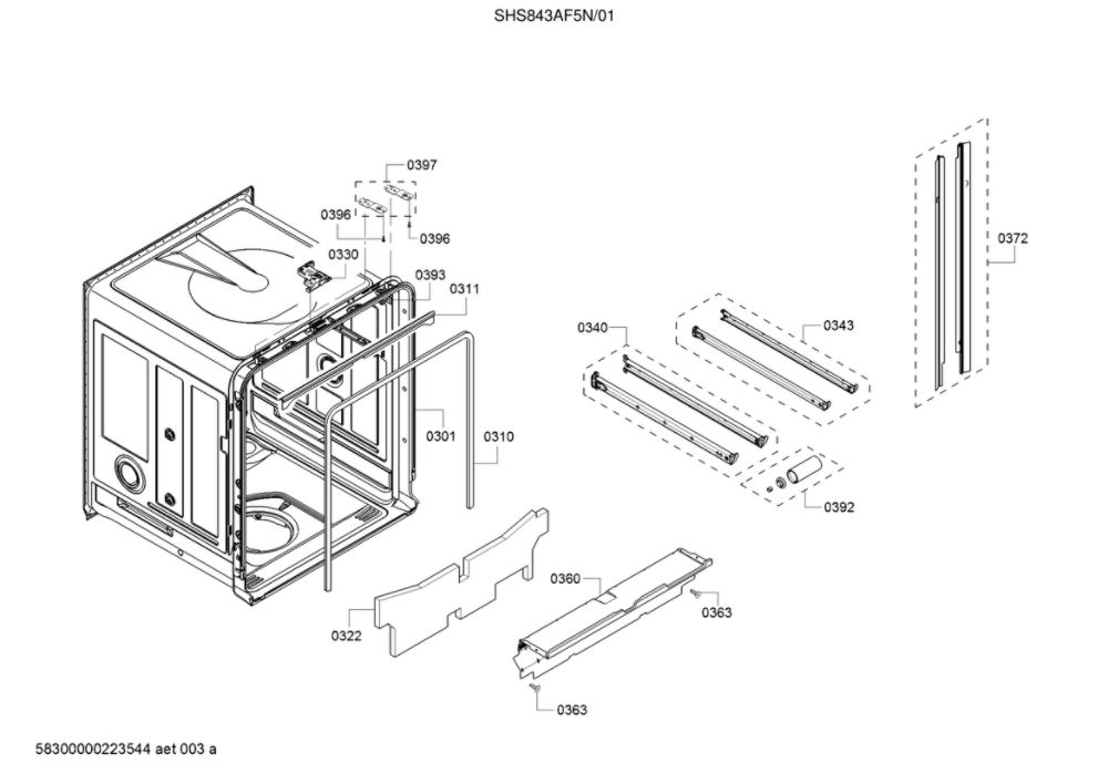 Tub/Trim Diagram and Parts List for SHS843AF5N 01 Bosch Dishwasher