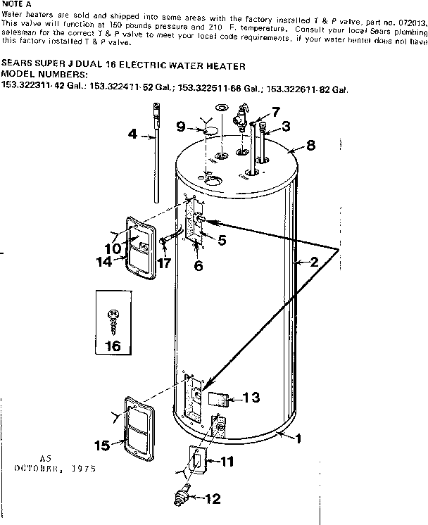 Non-functional Replacement Parts Diagram and Parts List for 153322511  Kenmore Water Heater