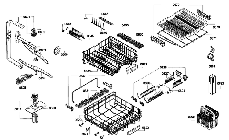 Baskets Diagram and Parts List for DWHD650GPR 18 Thermador Dishwasher