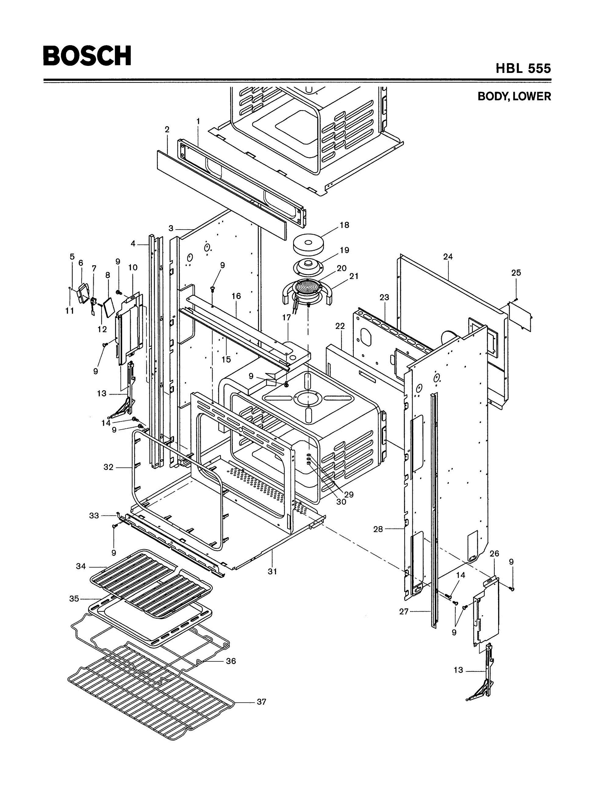 02 - BODY, LOWER Diagram and Parts List for HBL555  Bosch Range