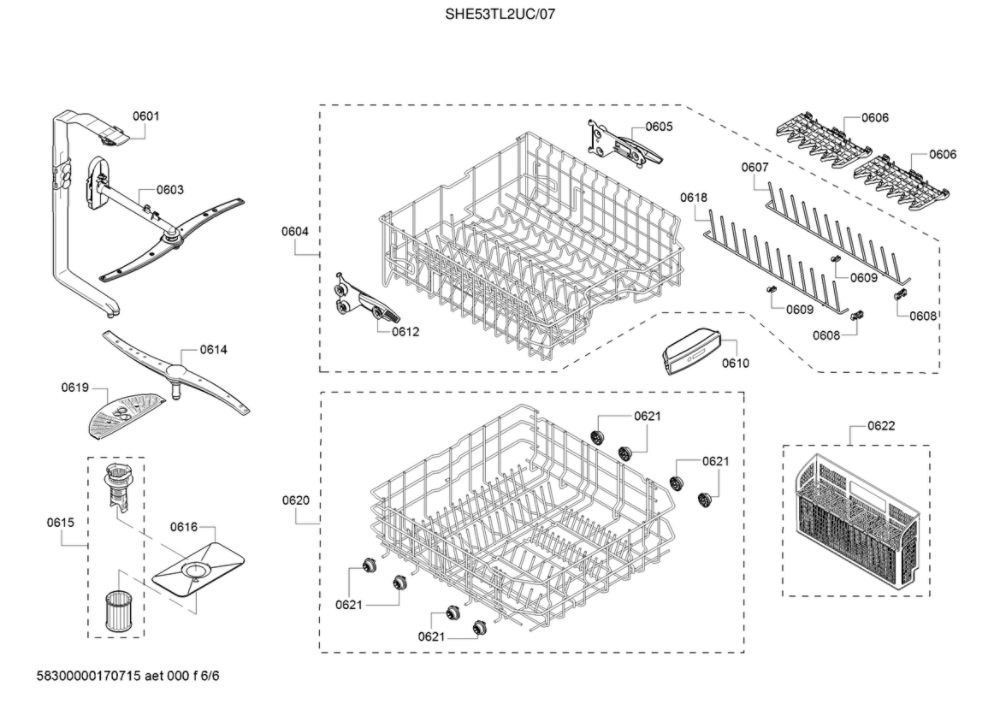 Spray Arms/Racks Diagram and Parts List for SHE53TL2UC 07 Bosch Dishwasher