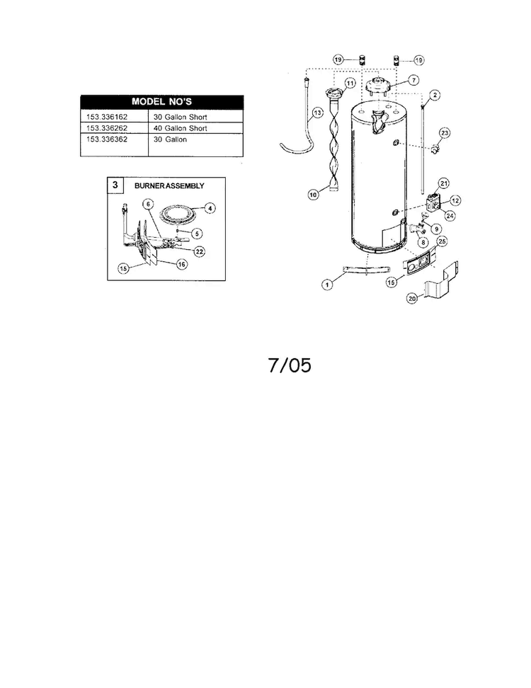 Water Heater Diagram and Parts List for 153336262  Kenmore Water Heater