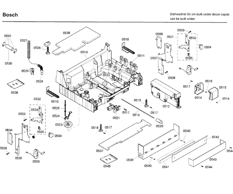 Base Diagram and Parts List for SHE99C05UC 38 Bosch Dishwasher