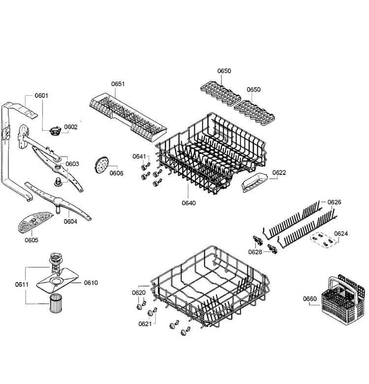 Baskets Diagram and Parts List for SGE63E06UC 50 Bosch Dishwasher