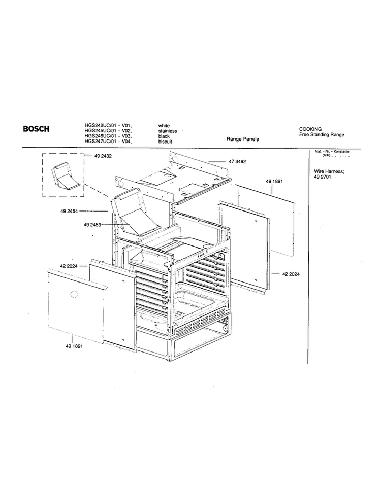Range Panels Diagram and Parts List for HGS245UC 01 Bosch Range