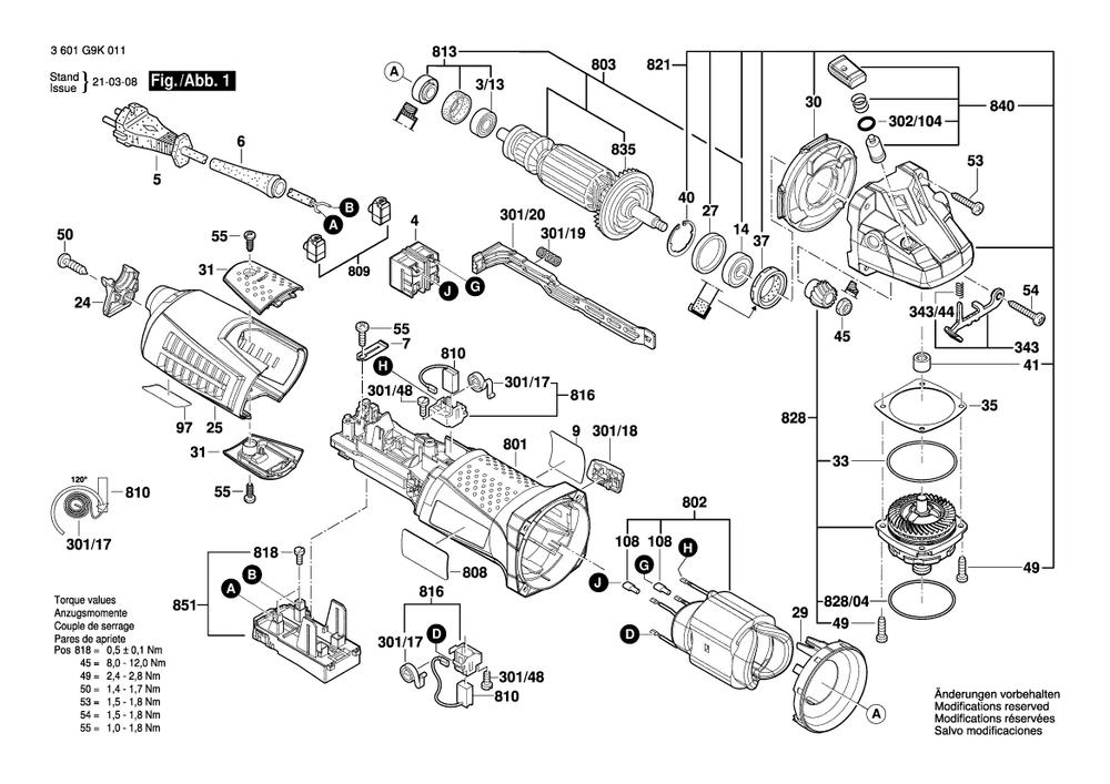 Diagram 1 Diagram and Parts List for GWS13-60 3 601 G9K 011 Bosch Angle Grinder