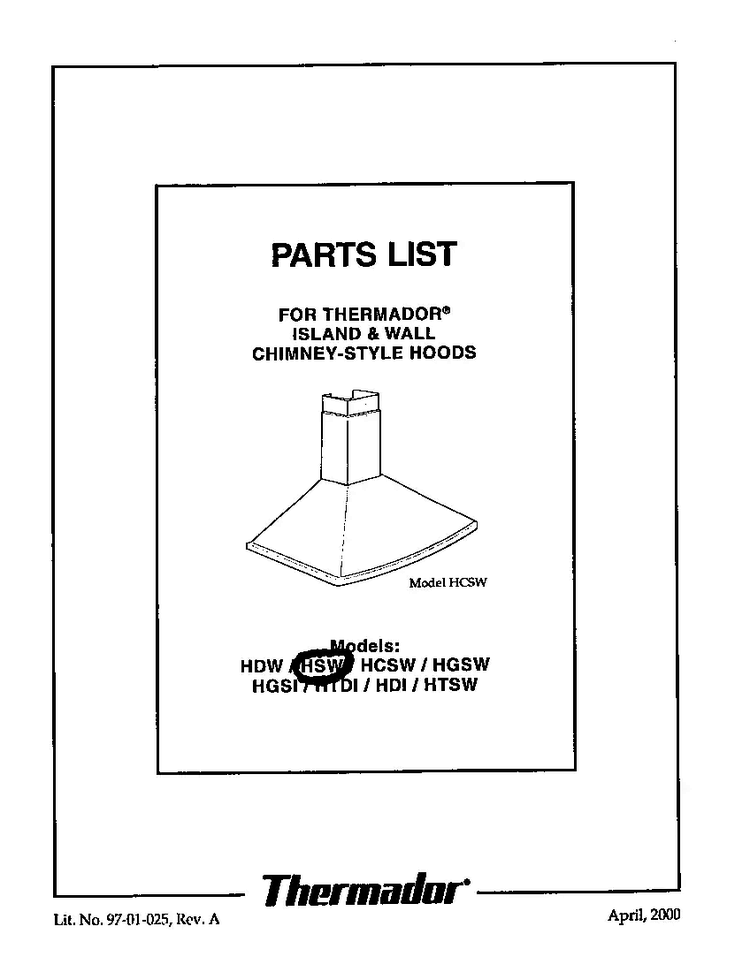 Cover Diagram and Parts List for HSW  Thermador Range Hood