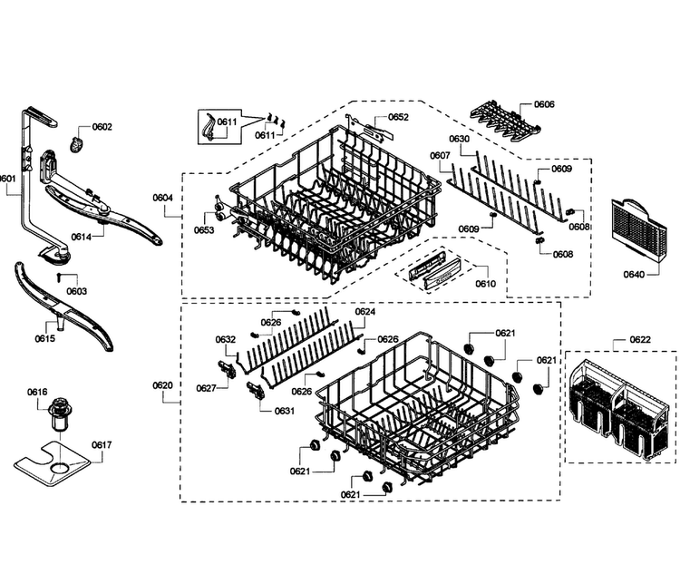 Baskets Diagram and Parts List for SHE55P06UC 64 Bosch Dishwasher
