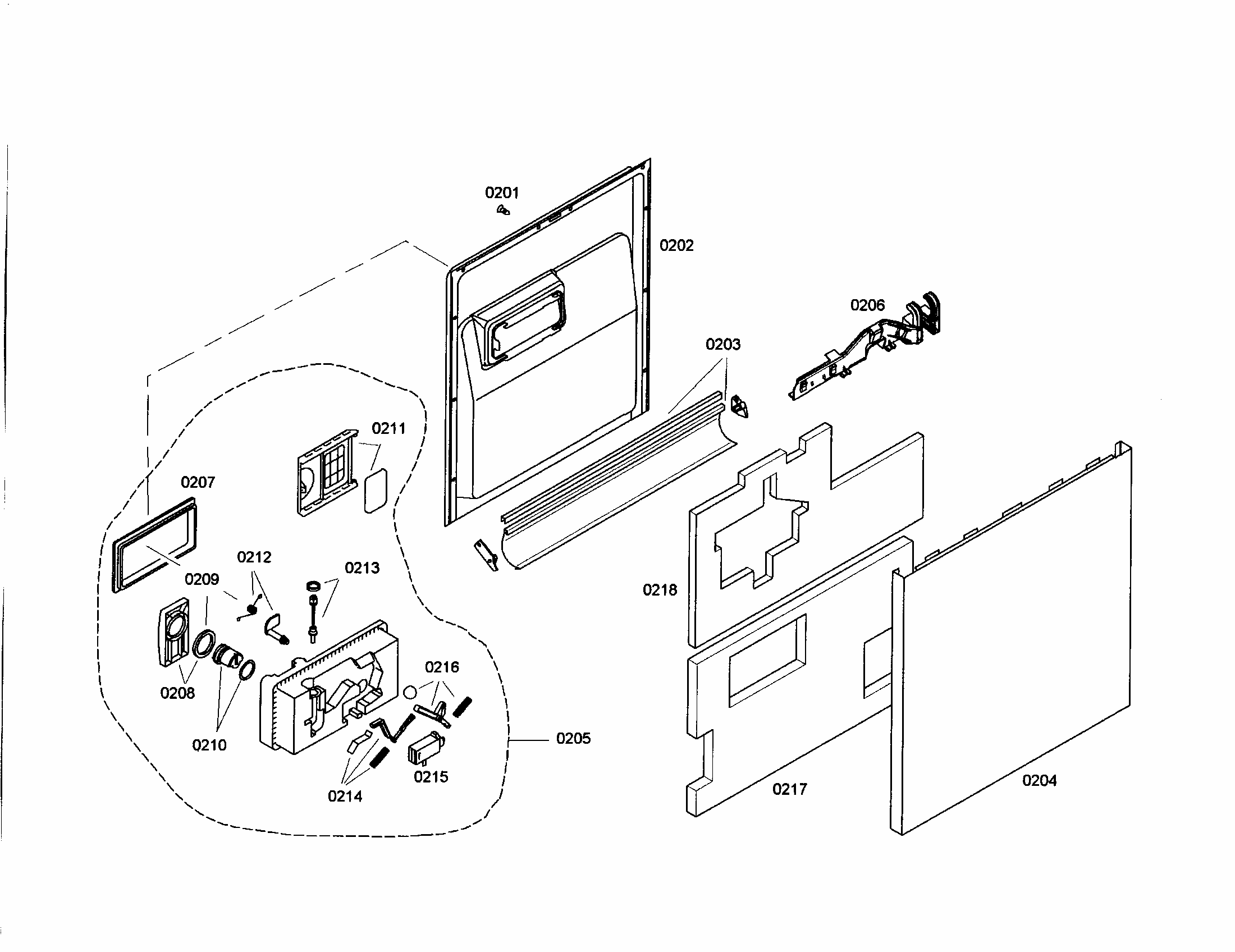 Door/dispenser Diagram and Parts List for S35KMK17UC 36 Bosch Dishwasher