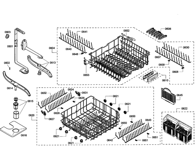 Baskets Diagram and Parts List for SHE55M12UC 58 Bosch Dishwasher