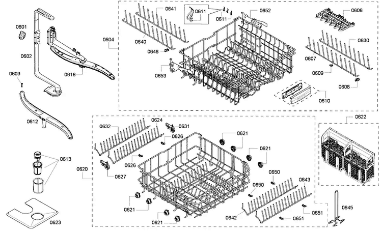 Baskets Assy Diagram and Parts List for DWHD630GPR 53 Thermador Dishwasher