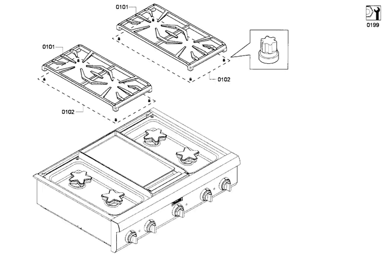 Grates Diagram and Parts List for PCG364GD-02  Thermador Cooktop