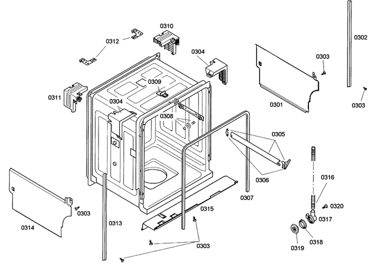 Cabinet Diagram and Parts List for SHE43C05UC 38 Bosch Dishwasher