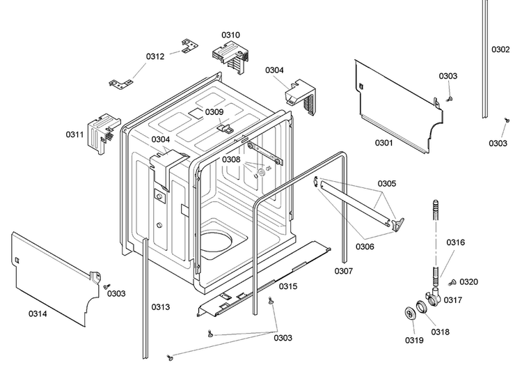 Cabinet Diagram and Parts List for SHE43C06UC 38 Bosch Dishwasher