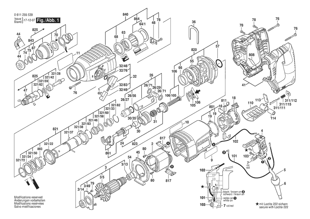 Section 1 Diagram and Parts List for GBH2-26D 0611255539 Bosch Hammer Drill