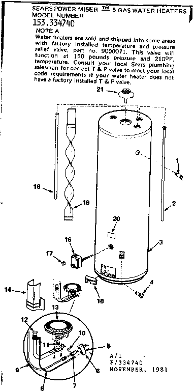 Replacement Parts Diagram and Parts List for 153334740  Kenmore Water Heater