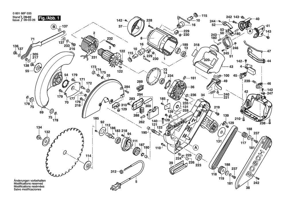 Section 1 Diagram and Parts List for 060166F222  Bosch Miter Saw