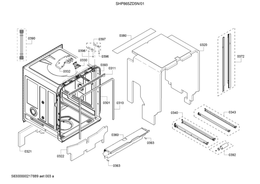 Tub/Trim Diagram and Parts List for SHP865ZD5N 01 Bosch Dishwasher