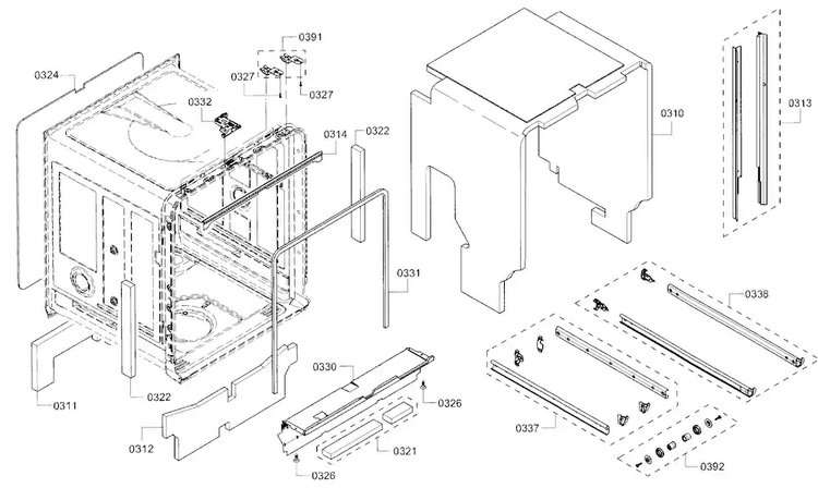 Frame & Cavity Diagram and Parts List for SHXN8U55UC 01 Bosch Dishwasher