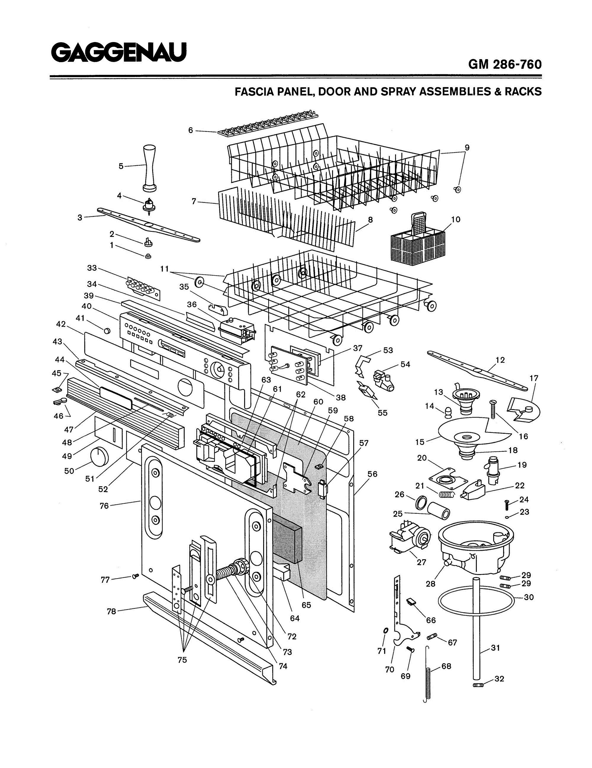 02 - FASCIA PANEL, DOOR AND SPRAY ASSEMBLIES & RACKS Diagram and Parts List for GM286-760  Bosch 