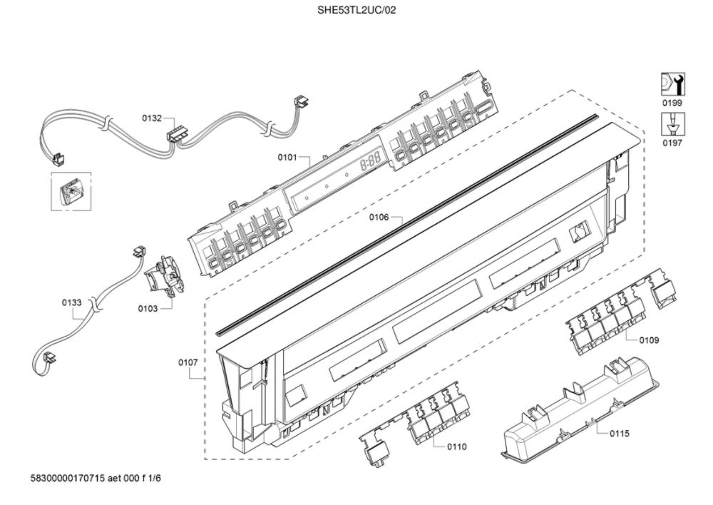 Facia Panel/Controller Unit Diagram and Parts List for SHE53TL2UC 02 Bosch Dishwasher