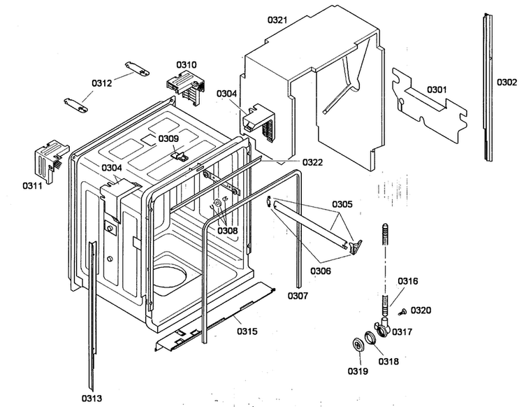 Cabinet Diagram and Parts List for SHV43P13UC 53 Bosch Dishwasher