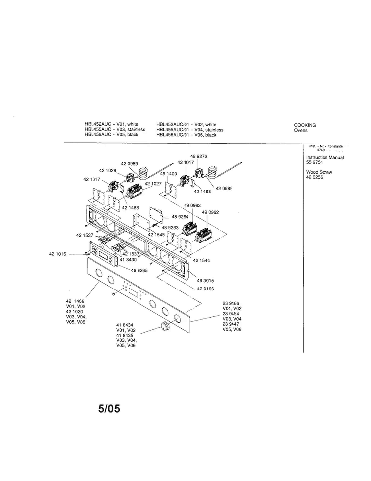Fascia Panel Diagram and Parts List for HBL452AUC 01 Bosch Wall Oven